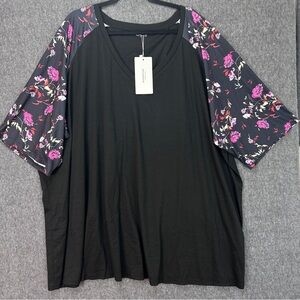 BloomChic Shirt Womens 30 Plus Size Black Floral Kimono Sleeve V-Neck Tunic